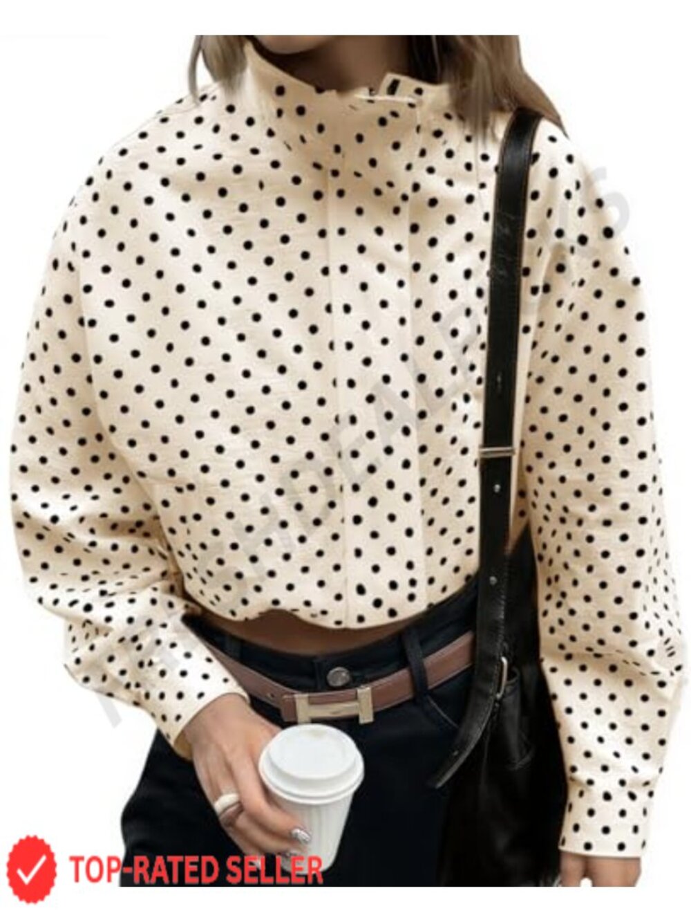 Womens Zip Up Cropped Jacket Polka Dot Sustainable Oversized